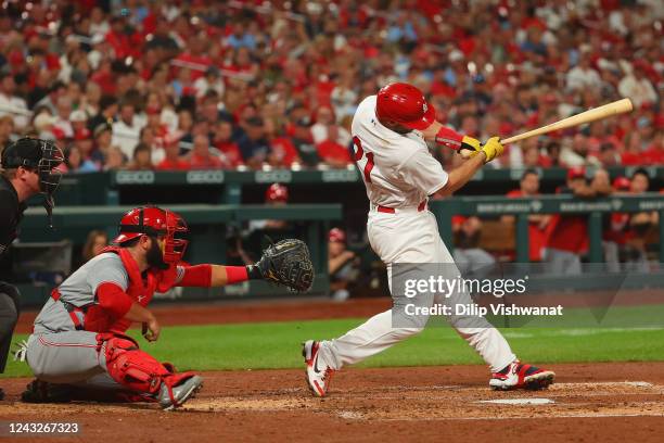 Paul Goldschmidt of the St. Louis Cardinals bats in a run with a double against the Cincinnati Reds in the third inning at Busch Stadium on September...