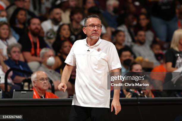 Head Coach Curt Miller of the Connecticut Sun looks on during Game 3 of the 2022 WNBA Finals on September 15, 2022 at Mohegan Sun Arena in...