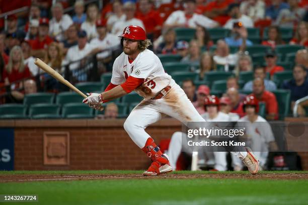 Brendan Donovan of the St. Louis Cardinals hits a single during the ninth inning against the Cincinnati Reds at Busch Stadium on September 15, 2022...