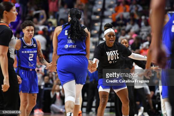 Odyssey Sims of the Connecticut Sun looks on during Game 3 of the 2022 WNBA Finals against the Las Vegas Aces on September 15, 2022 at Mohegan Sun...