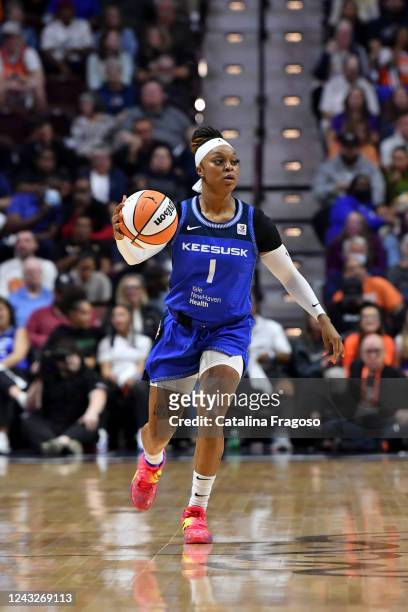 Odyssey Sims of the Connecticut Sun dribbles the ball during Game 3 of the 2022 WNBA Finals against the Las Vegas Aces on September 15, 2022 at...