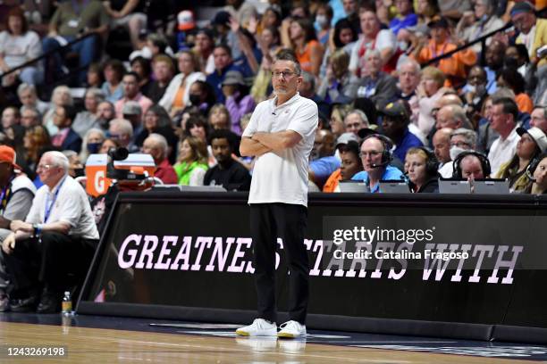 Head Coach Curt Miller of the Connecticut Sun looks on during Game 3 of the 2022 WNBA Finals against the Las Vegas Aces on September 15, 2022 at...