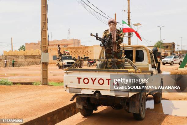 Fighter for Coordination of Azawad Movements patrols through town during the Congress for the Fusion of Movements in Kidal on August 28, 2022. - One...