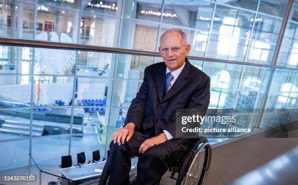 June 2021, Berlin: Wolfgang Schäuble , then President of the Bundestag, looks into the photographer's camera after an interview with a journalist...