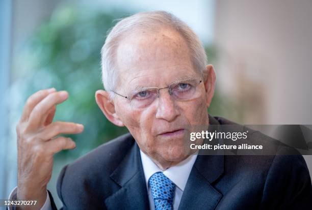 June 2021, Berlin: Wolfgang Schäuble , then President of the Bundestag, speaks in an interview with a journalist from the Deutsche Presse-Agentur in...