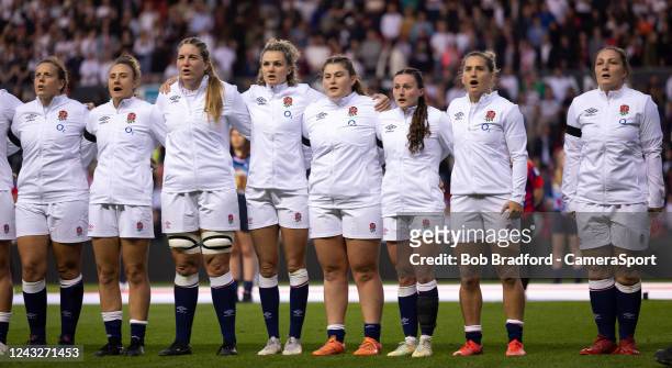 England players sing the national anthem during the Womens Rugby International match between England Women and Wales Women at Ashton Gate on...