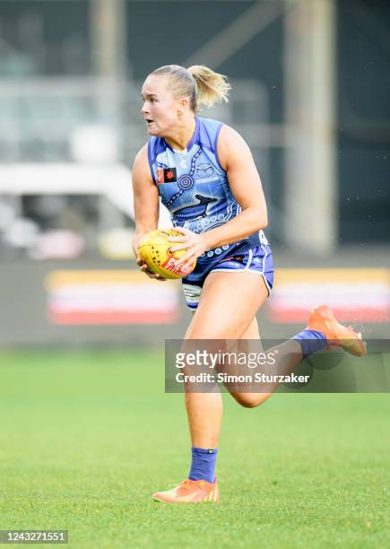 Vikki Wall of the Kangaroos rubns into and open goal during the round four AFLW match between the North Melbourne Kangaroos and the Geelong Cats at...