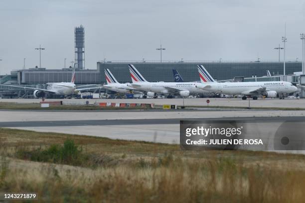 This photograph taken on September 16 shows Air France airplanes on the tarmac of the Roissy-Charles de Gaulle airport, in the northeastern outskirts...