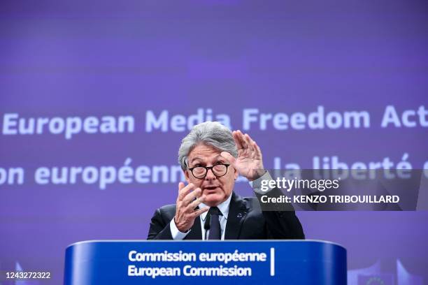 Commissioner for internal market Thierry Breton speaks during a press conference with European Commission vice-president in charge for alues and...