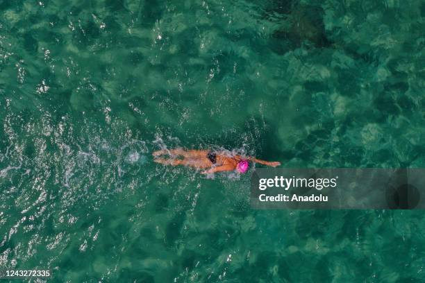 An aerial view of Turkish ultra marathon swimmer Bengisu Avci , who swam across the English Channel and the Catalina Channel, as she trains for the...