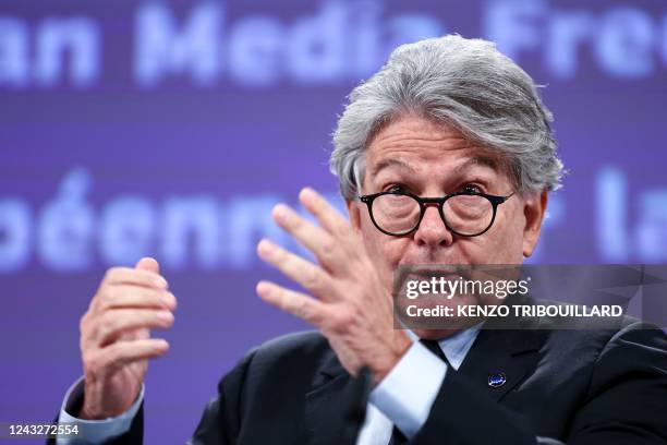 Commissioner for internal market Thierry Breton speaks during a press conference with European Commission vice-president in charge for alues and...