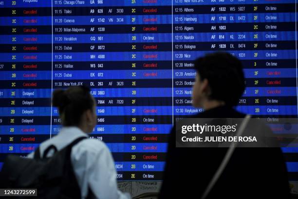 This photograph taken on September 16 shows bystanders looking at the departure information panel of the Terminal 2 of the Roissy-Charles de Gaulle...