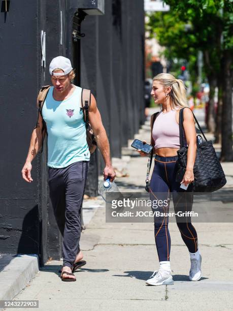 Trevor Donovan and Emma Slater are seen on September 15, 2022 in Los Angeles, California.