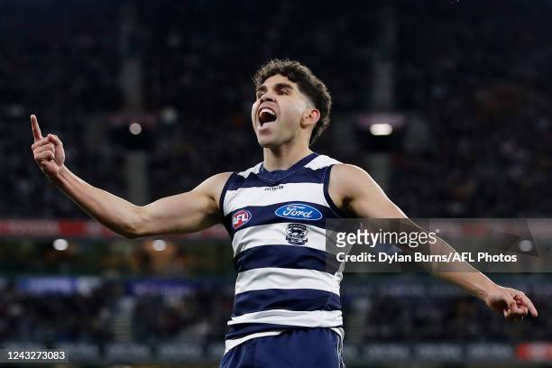Tyson Stengle of the Cats celebrates a goal during the 2022 AFL First Preliminary Final match between the Geelong Cats and the Brisbane Lions at the...