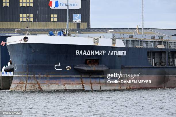 This photograph taken on September 16, 2022 shows the "Vladimir Latyshev" Russian cargo ship which was confiscated in Saint-Malo harbour, western...