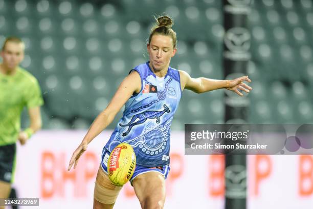 Brooke Brown of the Kangaroos kicks out of the backline during the round four AFLW match between the North Melbourne Kangaroos and the Geelong Cats...