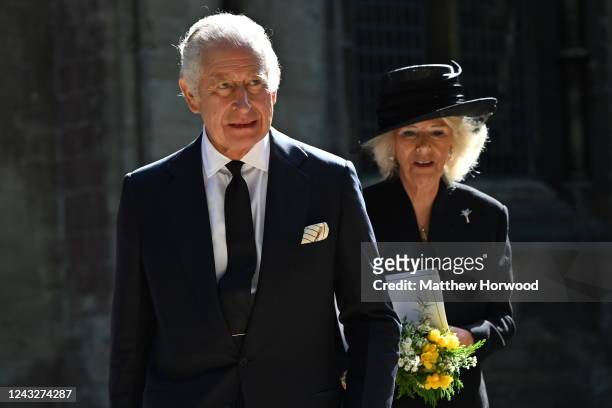 King Charles III and Camilla, Queen Consort depart following a Service of Prayer and Reflection for the Life of The Queen at Llandaff Cathedral on...