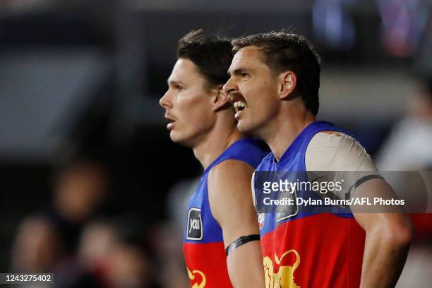 Eric Hipwood and Joe Daniher of the Lions are seen during the 2022 AFL First Preliminary Final match between the Geelong Cats and the Brisbane Lions...