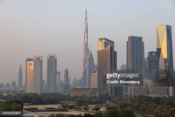 The Burj Khalifa skyscraper, center, amidst commercial and residential properties on the city skyline in downtown Dubai, United Arab Emirates, on...