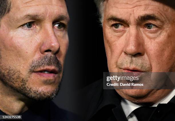 In this composite image a comparison has been made between Diego Simeone, Manager of Atletico Madrid and Carlo Ancelotti of Real Madrid CF. Atletico...