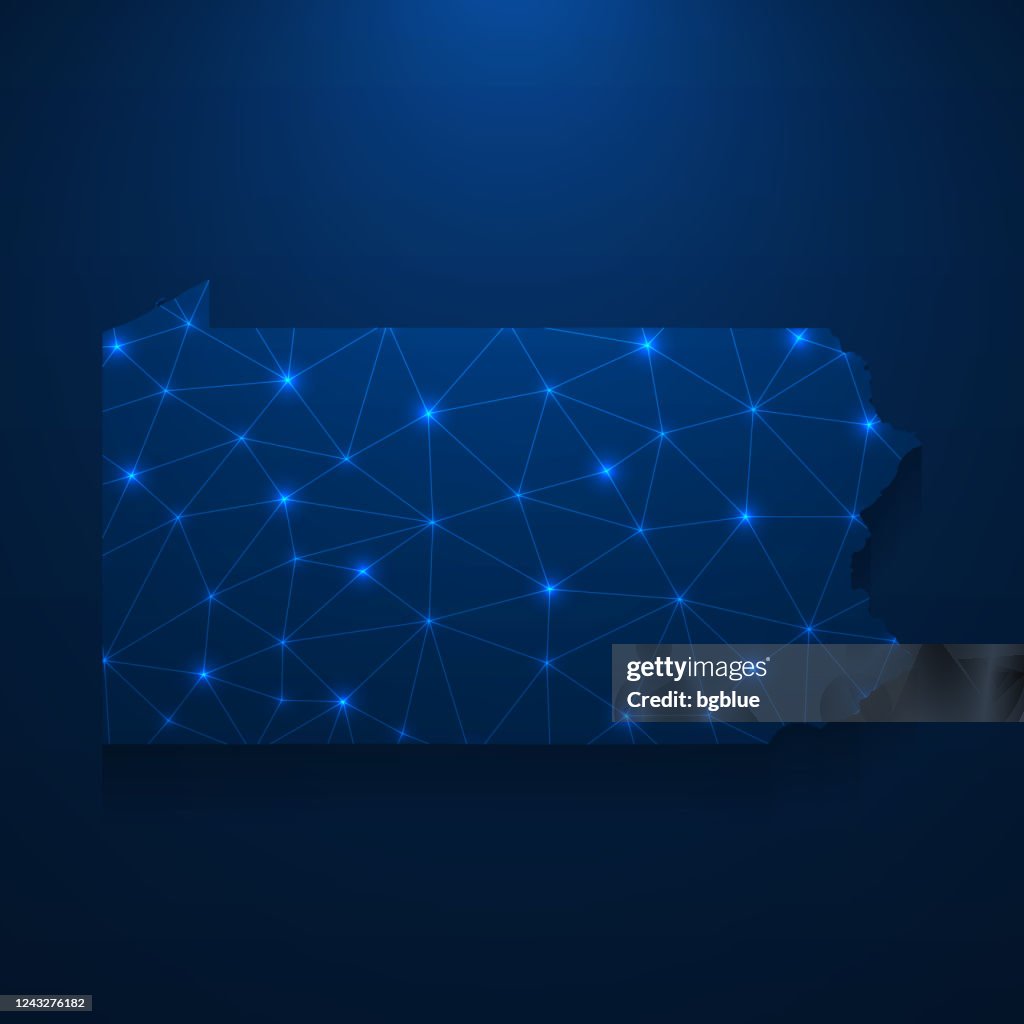Pennsylvania map network - Bright mesh on dark blue background