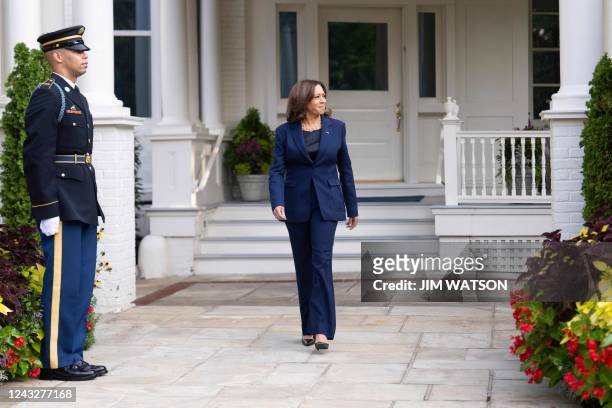 Vice President Kamala Harris arrives to welcome South African President Cyril Ramaphosa to her residence at the US Naval Observatory in Washington,...