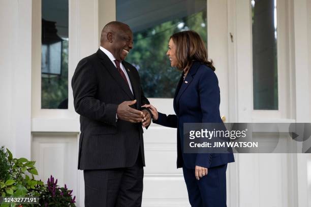 Vice President Kamala Harris welcomes South African President Cyril Ramaphosa to her residence at the US Naval Observatory in Washington, DC, on...