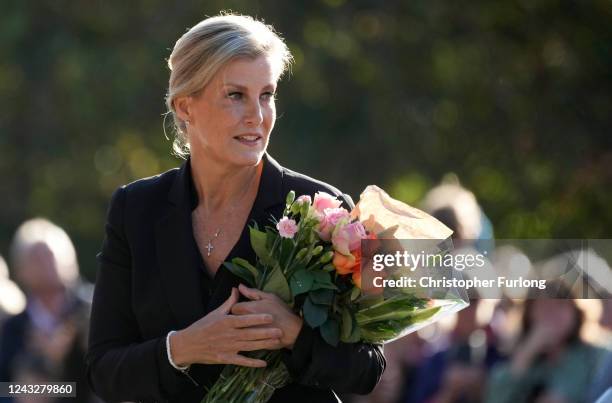 Sophie, Countess of Wessex inspect floral tributes left by members of the public at Windsor Castle on September 16, 2022 in Windsor, United Kingdom....