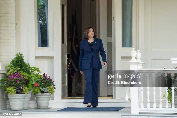 Vice President Kamala Harris arrives to meet with Cyril Ramaphosa, South Africa's president, not pictured, at the Vice President's Official Residence...
