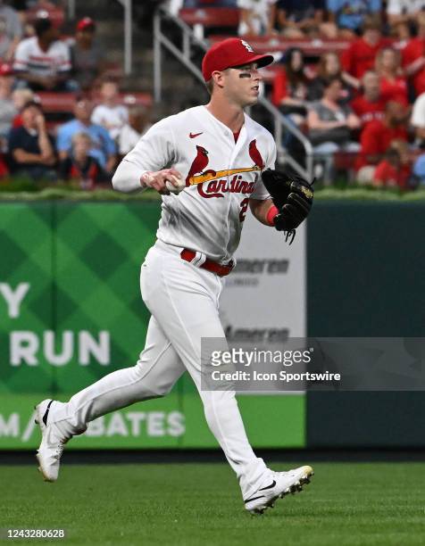 St. Louis Cardinals left fielder Corey Dickerson throws in after fielding a ground ball during a MLB game between the Washington Nationals and the...
