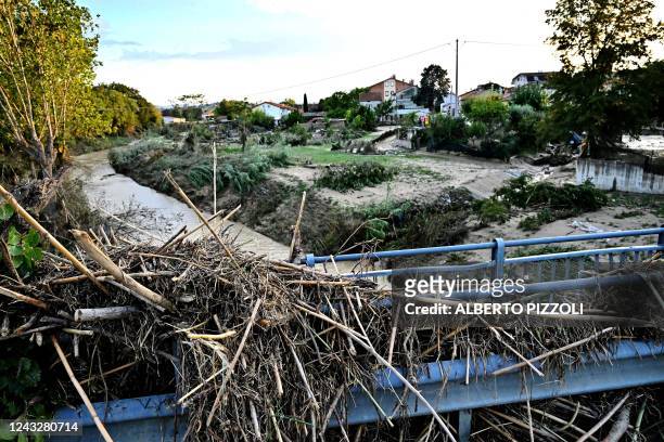 Photograph shows a flooded field following an overnight rain bomb in Pianello di Ostra, Ancona province, on September 16, 2022. - At least ten people...