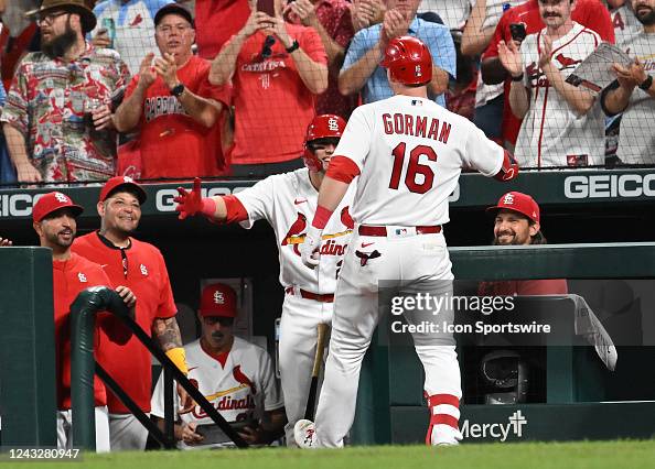 St. Louis Cardinals second baseman Nolan Gorman is congratulated ...