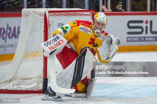 Goalie Harri Sateri 35 of EHC Biel warms up prior the Swiss National League game between Lausanne HC and EHC Biel-Bienne at Vaudoise Arena on...