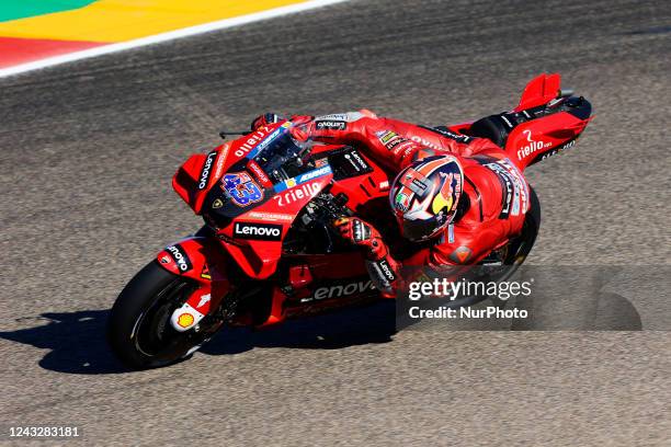 Jack Miller, from Australia, riding his Ducati Lenovo Team bike during the Free Practice at Motorland Aragon on September 16, 2022 in Alcaniz, Spain.