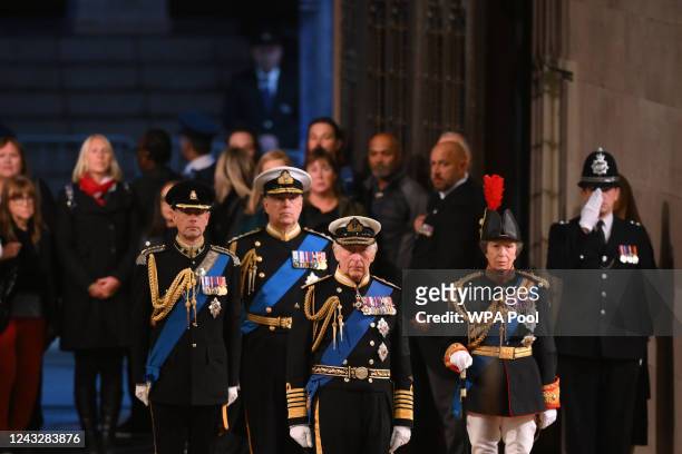 King Charles lll, Princess Anne, Princess Royal, Prince Andrew, Duke of York and Prince Edward, Earl of Wessex attend a vigil, following the death of...