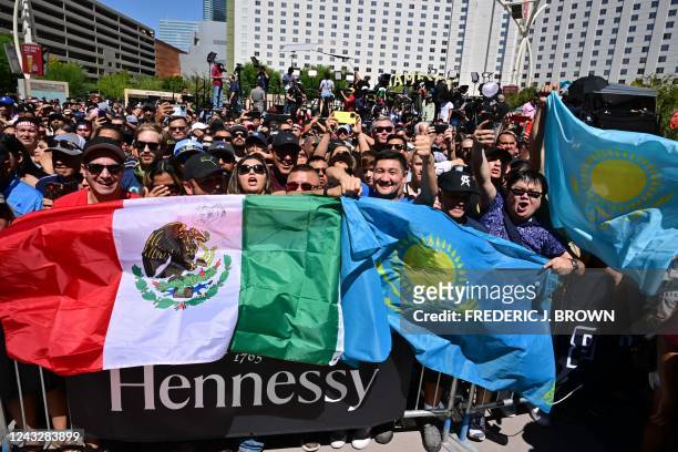 Fans gather at Toshiba Plaza for the weigh in of Mexican boxer Saul Canelo Alvarez and Kazakhstani boxer Gennady GGG Golovkin on September 16 in Las...