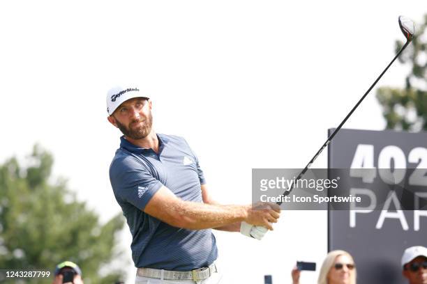 Golfer Dustin Johnson hits his tee shot on the first hole during the first round of the LIV Golf Invitational Series Chicago on September 16, 2022 at...