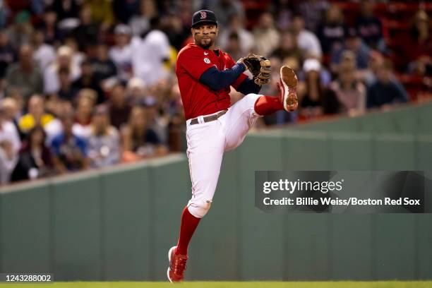 Xander Bogaerts of the Boston Red Sox jumps as he throws during the fifth inning of a game against the Kansas City Royals on September 16, 2022 at...