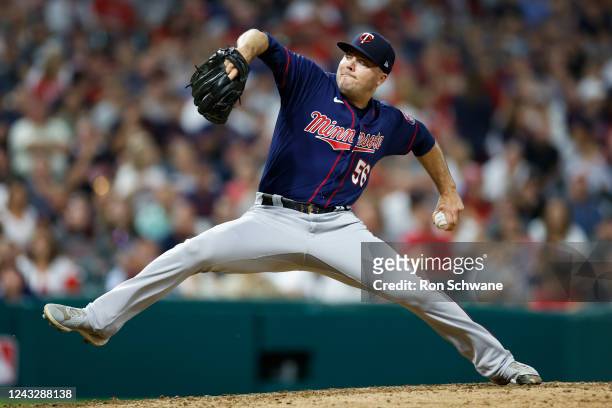 Caleb Thielbar of the Minnesota Twins pitches against the Cleveland Guardians during the seventh inning at Progressive Field on September 16, 2022 in...