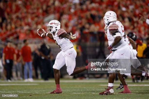 Florida State Seminoles defensive back Renardo Green reacts after a recovering a fumble during an NCAA football game against the Louisville Cardinals...