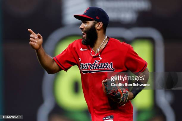 Amed Rosario of the Cleveland Guardians celebrates a 4-3 win against the Minnesota Twins at Progressive Field on September 16, 2022 in Cleveland,...