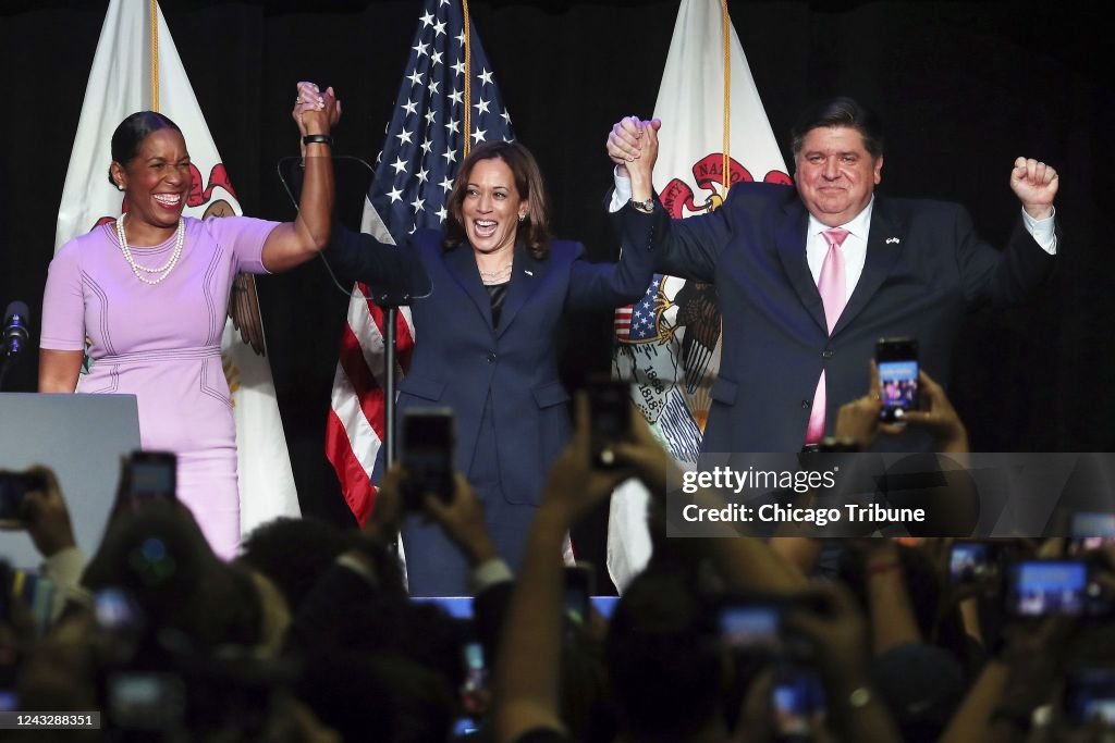 Lt. Gov. Juliana Stratton, from left, Vice President Kamala Harris