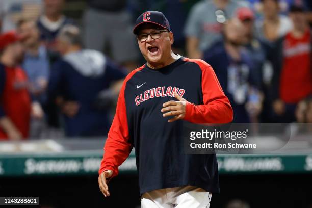 Manager Terry Francona of the Cleveland Guardians argues a call during the eighth inning against the Minnesota Twins at Progressive Field on...