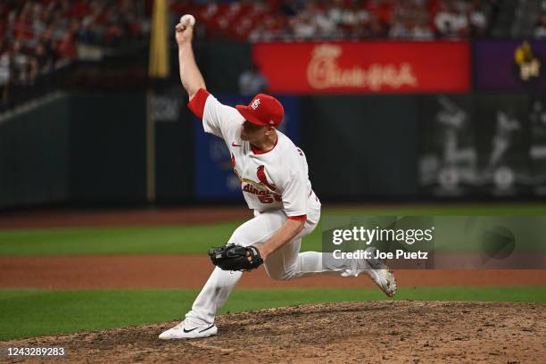 Ryan Helsley of the St. Louis Cardinals pitches against the Cincinnati Reds in the ninth inning at Busch Stadium on September 16, 2022 in St Louis,...