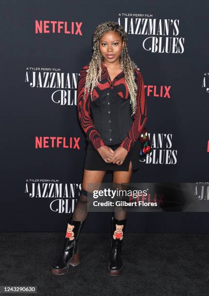 Riele Downs at the "A Jazzman's Blues" premiere held at Tudum Theater on September 16, 2022 in Los Angeles, California.