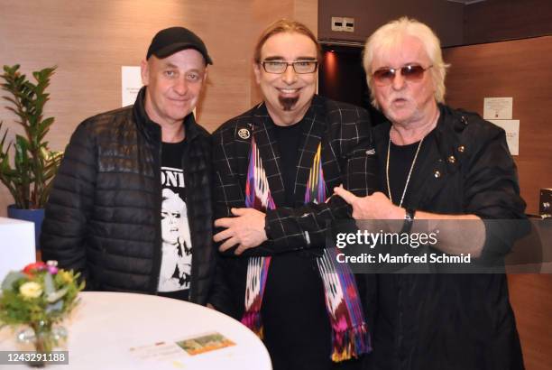 Alf Poier, Rudi Dolezal and Rainhold Bilgeri pose during the Rudi Dolezal book presentation "My Friend Freddie" at Hotel Ibis on September 16, 2022...