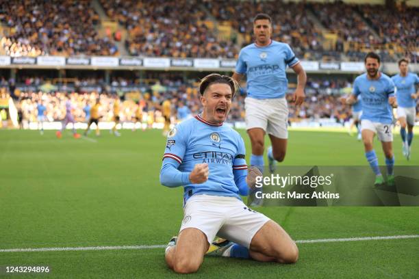 Jack Grealish of Manchester City celebrates scoring the opening goal during the Premier League match between Wolverhampton Wanderers and Manchester...