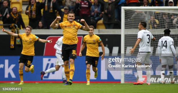 Stefan Kutschke of Dresden celebrates the opening goal during the 3.Liga match between SG Dynamo Dresden and FC Ingolstadt 04 at...