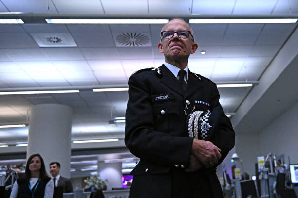 Metropolitan Police Commissioner Mark Rowley looks on during a visit from Britain's King Charles III to thank Emergency Service workers for their...