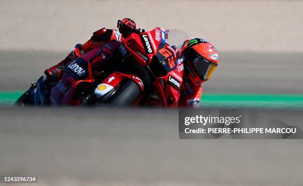 Ducati Italian rider Francesco Bagnaia rides his bike during the fourth MotoGP free practice session ahead of the Moto Grand Prix of Aragon at the...